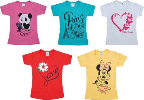 HYBORN Girls Multicolor Cartoon Cotton Jersey Pack Of 5 T-shirt (5-6Y)