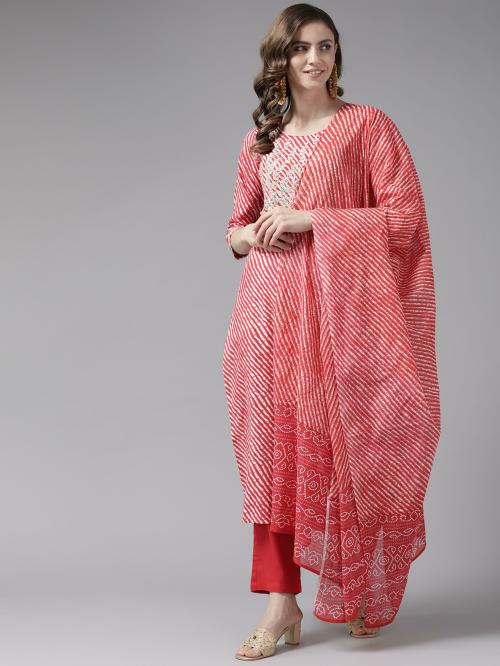 ANUBHUTEE Kadın Pamuklu Bandhani Baskı Kurta Lehariya Pantolon ve Dupatta Takımı - Pembe