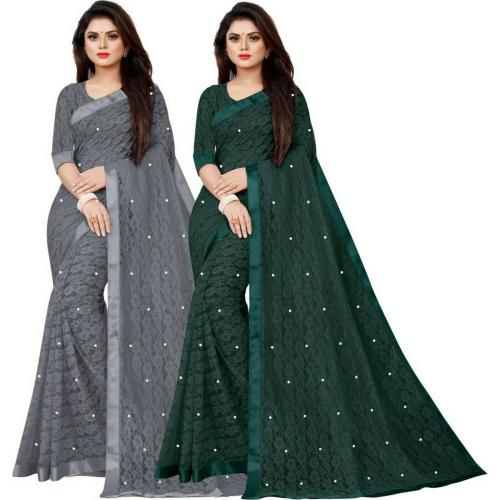 VANRAJ CREATION Women Green and Grey Self Design Net Saree(Pack of 2)
