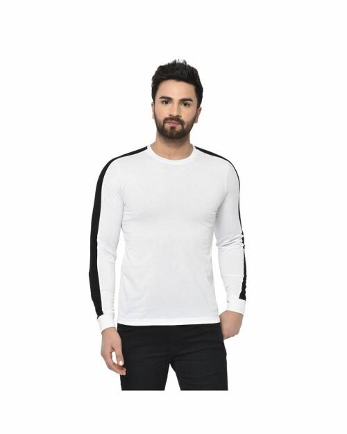 Glito Striped White & Black Full Sleeves Round Neck T-shirts For Men's