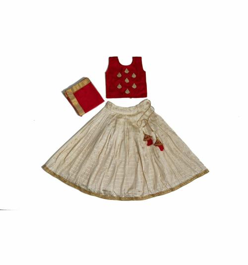 HARI CHARAN ENTERPRISE _ D9Kids Girls White Checkered Cotton Lehenga, Choli and Dupatta Set