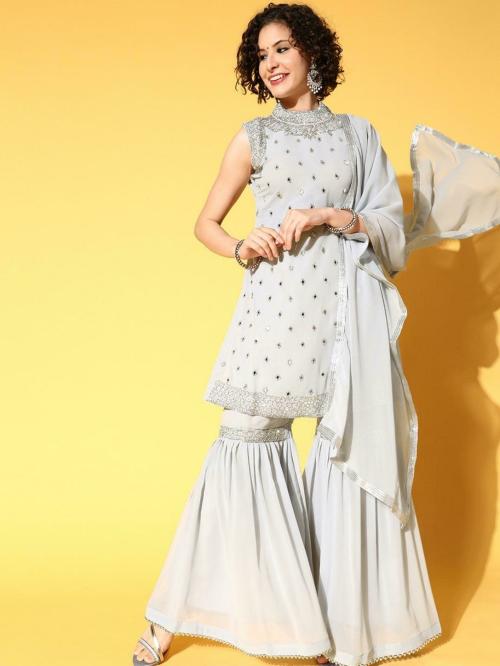 Chhabra 555 Made to Measure Grey Mirror Embellished Halter Neck Kurta Sharara Set