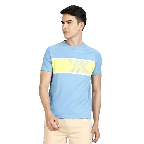 LAVOS Men Cyan Color Block Graphic Logo Bamboo Cotton T-Shirt (Extra Large)