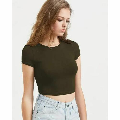 DEEPMAYRA COLLECTION Women Summer Plain Round Neck Rib Short Sleeve Crop Top Bodycon Pullover T-Shirt Top | Green | Size-S