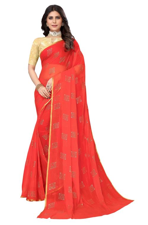 Mohvogue Womens Chiffon Saree Red Foil Pigment Printed with Blouse Piece