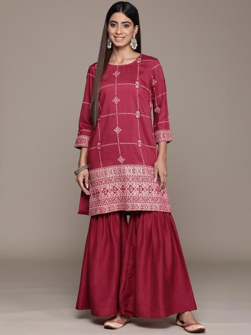 Ziyaa Women's Maroon Chinon Straight Kurta And Sharara Set