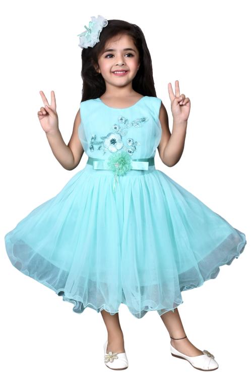 Arshia Fashions Girls Turquoise Net Dress