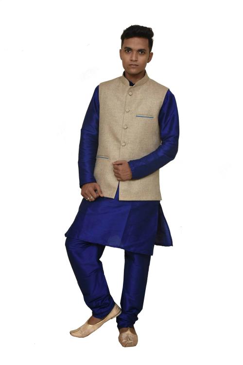 Mag Men's Royal Blue Matching silk Kurta Churidhar With Coffee Colour Joot Waistcoat