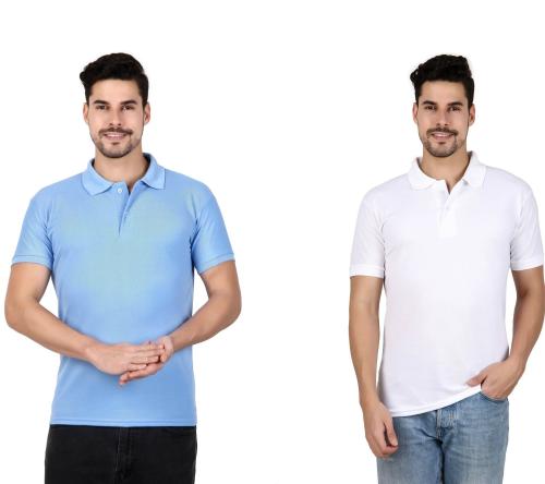 SARITE Self Design Men Polo Neck Multicolor T-Shirt (SKY BLUE & WHITE)