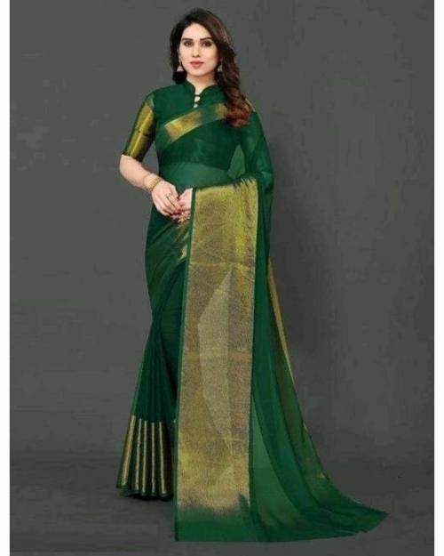 Vkaran women' s Green Chiffon Chiffon Plain Saree With Blouse