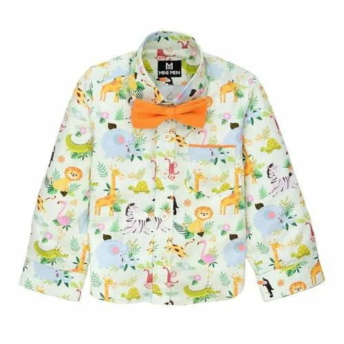 MINI MEN Trending Wild Animals Party Printed Full Sleeve Bow Tie Shirt for Kids Baby Boys