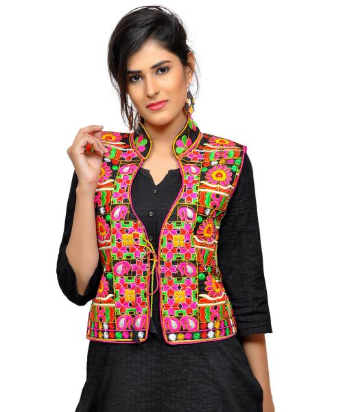 BANJARA INDIA Women Black Embroidered Dupion Silk Ethnic Jacket