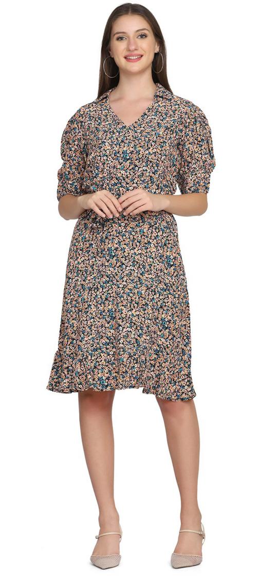 Parory Women Brown Floral Print Viscose Dress (L)