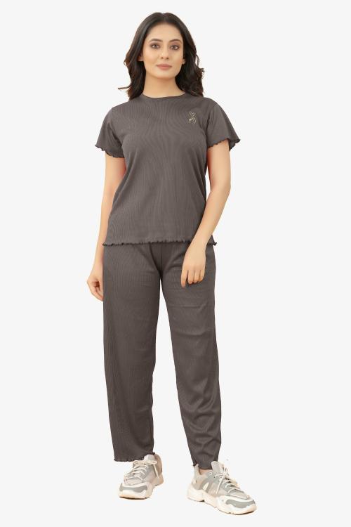 Marabout Women Silver Self Design Cotton Blend Tshirt and Pyjamas Set (L)