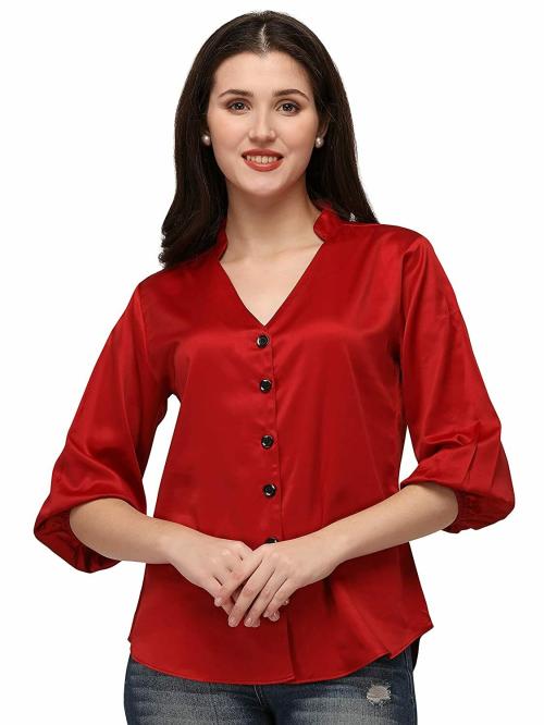 Smarty Pants Women Cherry Red Solid Cotton Shirt S