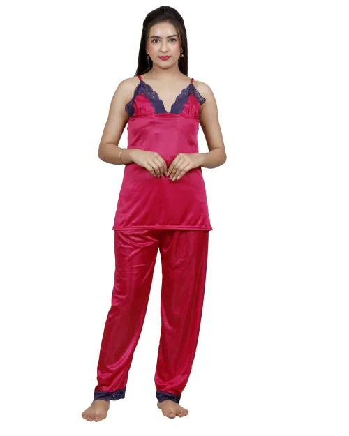 NACNO Girl's/Women's Satin Night Suit/Pyjama Set cotton Night Gown nightwear nighty Pink