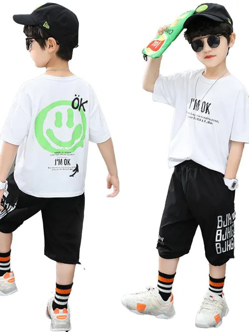 Jump Cuts Boys Printed Round Neck Half Sleeve White and Black Slim Fit CottonBlend Tshirt