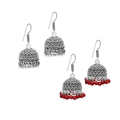 Jewelopia Oxidised Jhumki Combo German Silver Earrings Oxidized Antique Design Jhumka Pearl Drop Traditional Fish Hook Earring for Women and Girls