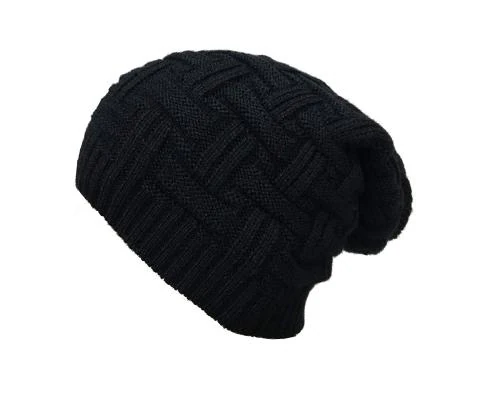 CRUMPLED Woolen Knitted Beanie Cap with Fur Inside for Men & Women, Black, Freesize