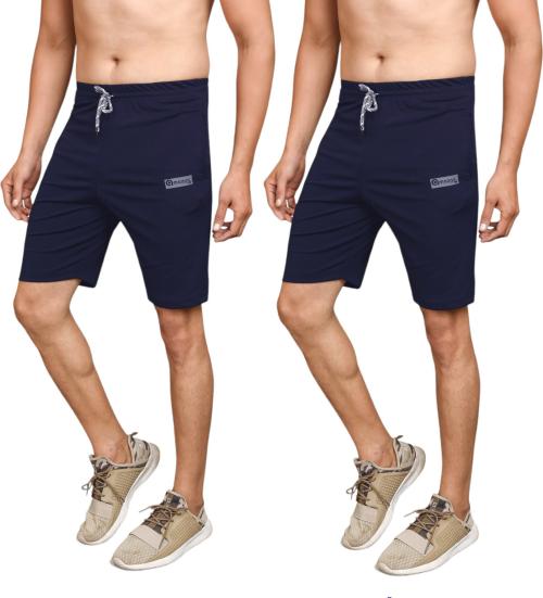 Amazee Men Blue Solid Lycra Blend, Polyester Sports Shorts (Xl) Pack of 2