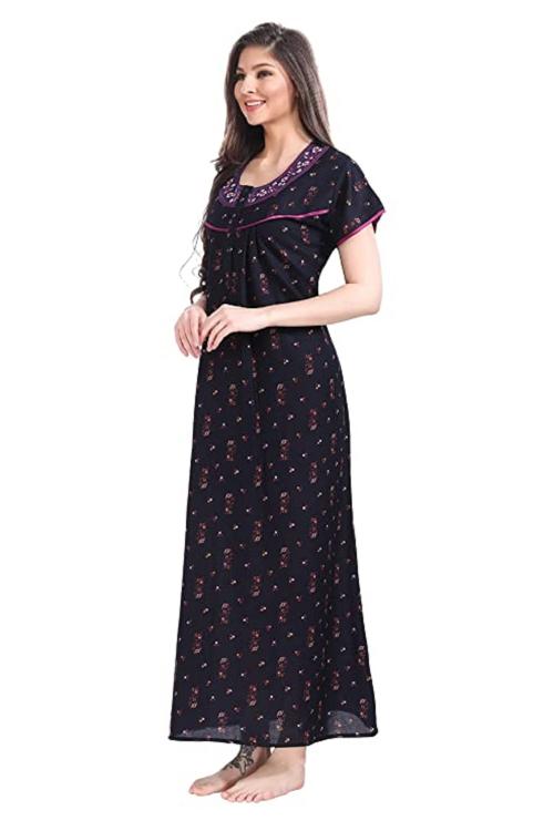 Style Dunes Women's Cotton Nighty | Printed Alpine Maxi Night Gown | Pleated and Embroidered Night Wear with Pocket | (Alpine Fabric - Cotton, Rayon and Polyester Blend)