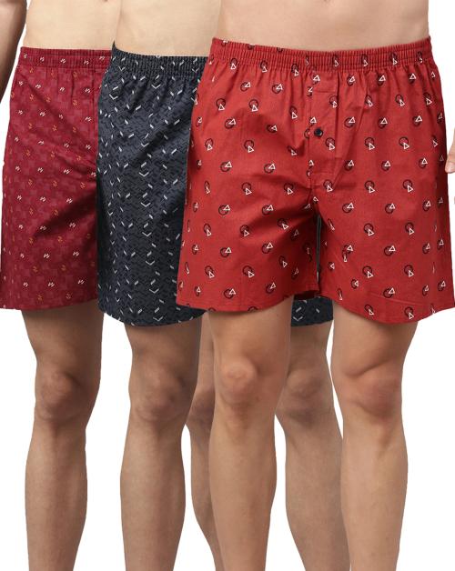 BROON Men's Multicolor Printed Pure Cotton Pack of 3 Boxer Shorts