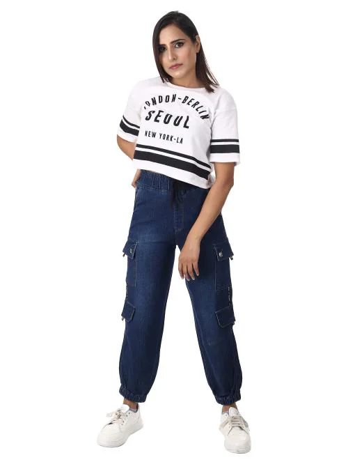 FORGIVE Women's/Girls Mid Blue Denim Cargo Joggers Jeans | Elastic Waist