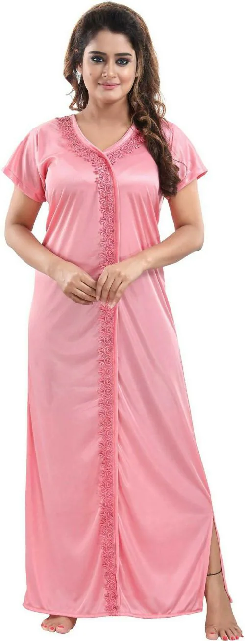 Life-Tale Women Pink Embroidered Satin Nighty
