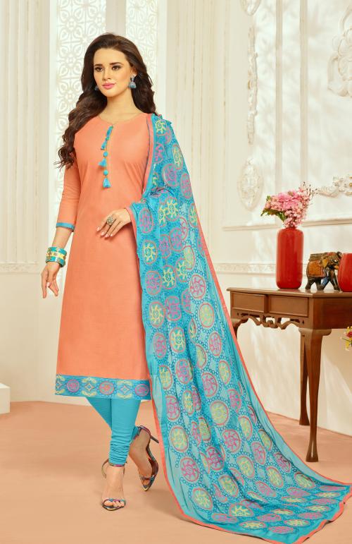Peach & Sky Blue Cotton Women's Dress Material With Phulkari Dupatta