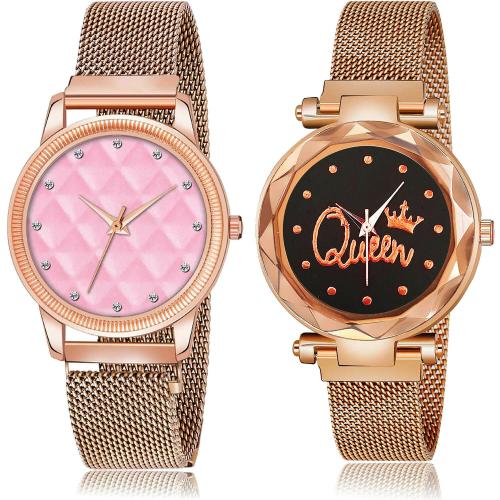 GROOT New Party Wedding Magnetic Chain And Queen Magnet Chain Rose Gold Colour Analog Metal Belt 2 Watch Combo For Women And Girls - GW16-G538