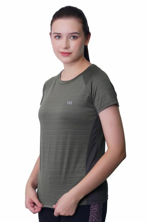 HAWKES BURRY Women's Premium Lycra Design Self Solid Round Neck Half Sleeve T-Shirt Black