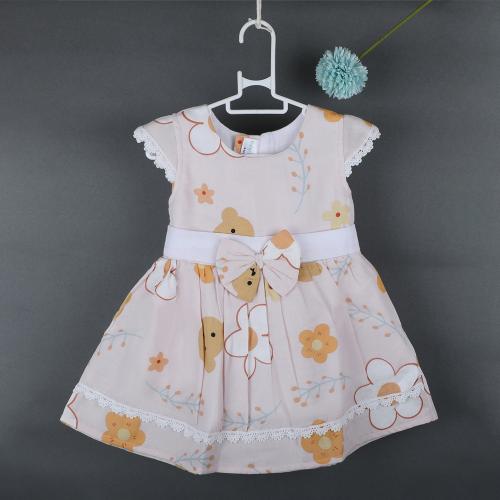 Baby Moo Floral Teddy Bow With Short Sleeves Muslin Dress - Peach