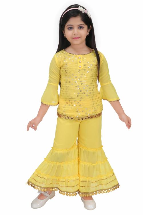 KAVSHIL Girls Yellow Sequence Two Pcs Sarara Set