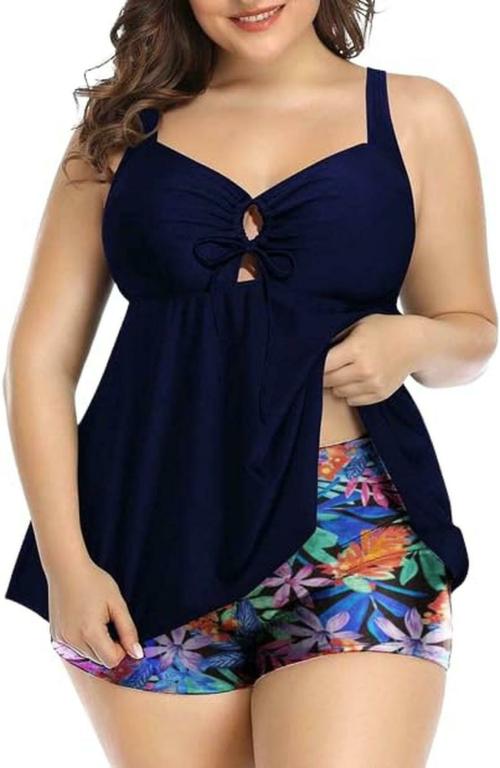 Plus Curvves Plus Size Long Lined Bikini Top Blue - 3XL