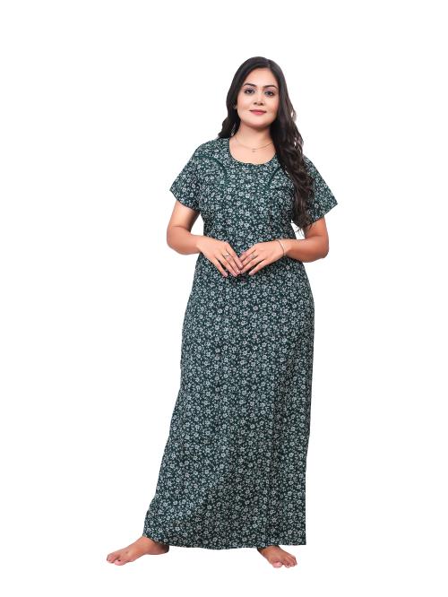 NIGHTFAB Women's Stylish PV Maxi Nightdress | Night Gown | Front Open Buttons | Poly Viscose Floral Print Designer Nighty | Sleepwear for Women