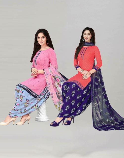 Siril Women'S Crepe Fabric Light Pink & Carrot Pink Colour Unstitched Combo Printed Salwar Suit Dress Material