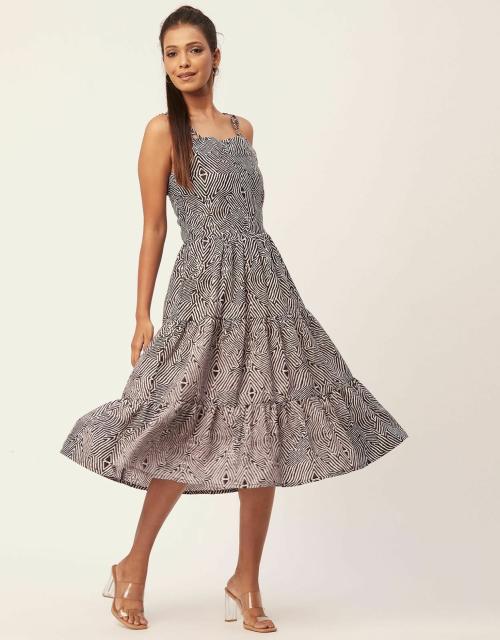 Moomaya Printed Sleeveless Tiered Dress, Strap Dress Summer Midi Rayon Dresses