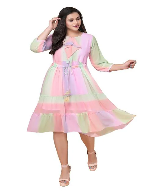 NIRZARI Women's Georgette Casual Tea Length Short Dress Gown Frock Style - Pastel