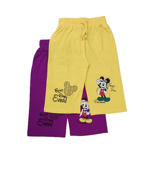 Little Funky 100% Pure cotton Graphic Printed Micky capri Yellow and Purple color 3/4th pants for Girls - Pack of 2 pcs