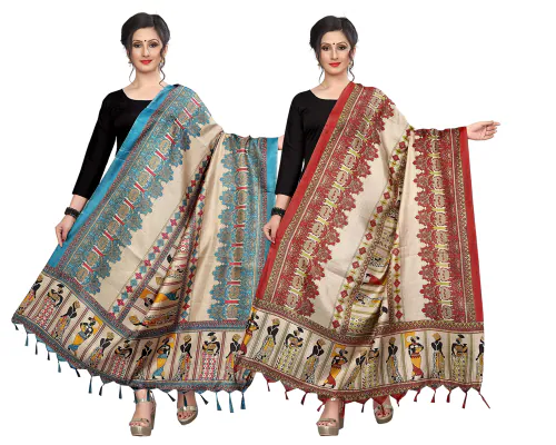 Kemza Women's Printed Cotton Silk Dupatta Combo (Sky Blue-Red) with Madhubani Print Pack of 2
