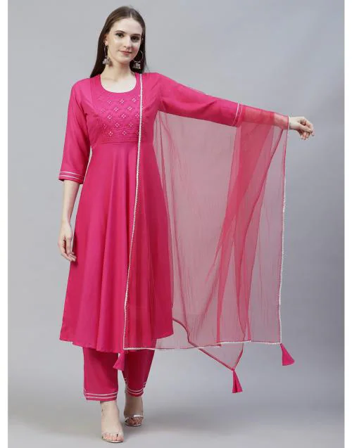 SHUBHISHA FASHION Women Pink A-Line Kurta with Palazzo & Dupatta