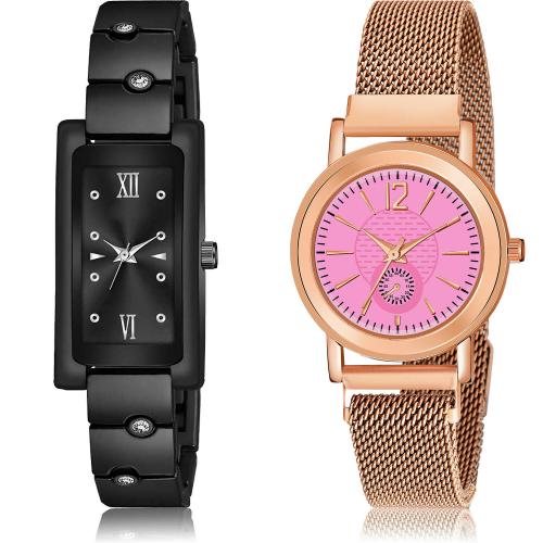 NEUTRON New Party Wedding Chain Bracelet Diamond And Magnetic Chain Black And Rose Gold Colour Analog Metal Belt 2 Watch Combo For Women And Girls - G563-GW41