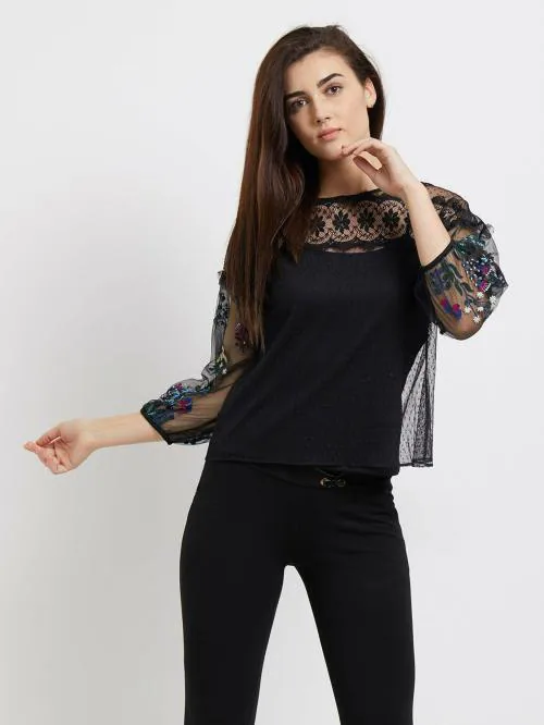 109F Women Black Embroidered Nylon Blend Top