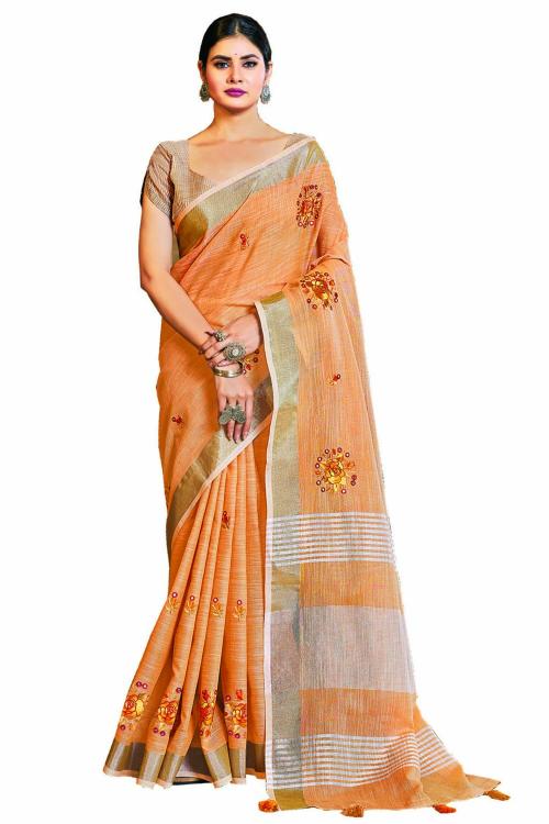 Reeta Fashion Elegant Camel Brown Linen Mirror Work Saree with Unstitched Blouse
