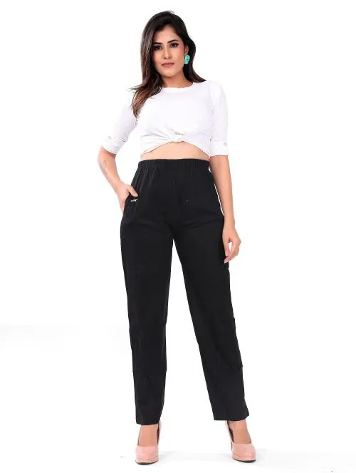 KRV Black Loose Fit Cotton Solid Track Pants For Women (Size: 3XL)