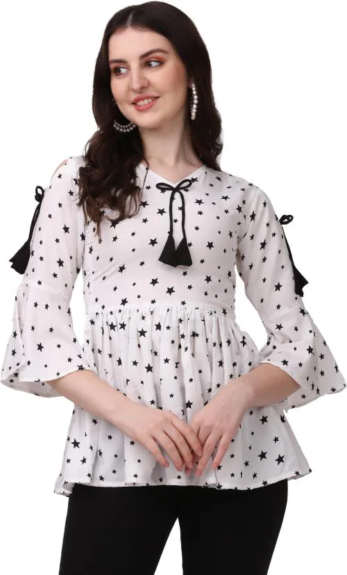 HEMANG FASHION Women White Printed Crepe Butterfly Sleeves Top (L)