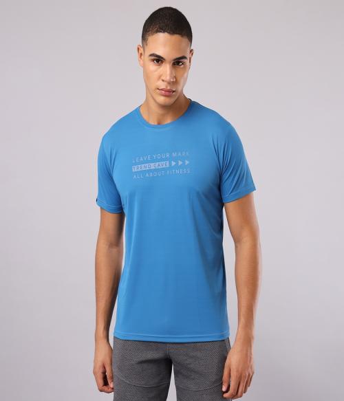 TRENDCAVE Men Logo Printed Relaxed Fit Crew-Neck T-Shirt(Steel Blue)