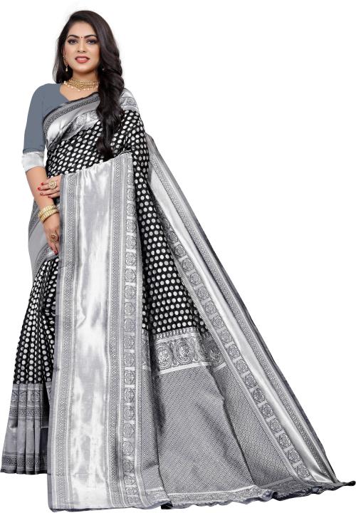 SAREEKO Women Silver, Black Woven Silk Blend Banarasi Saree