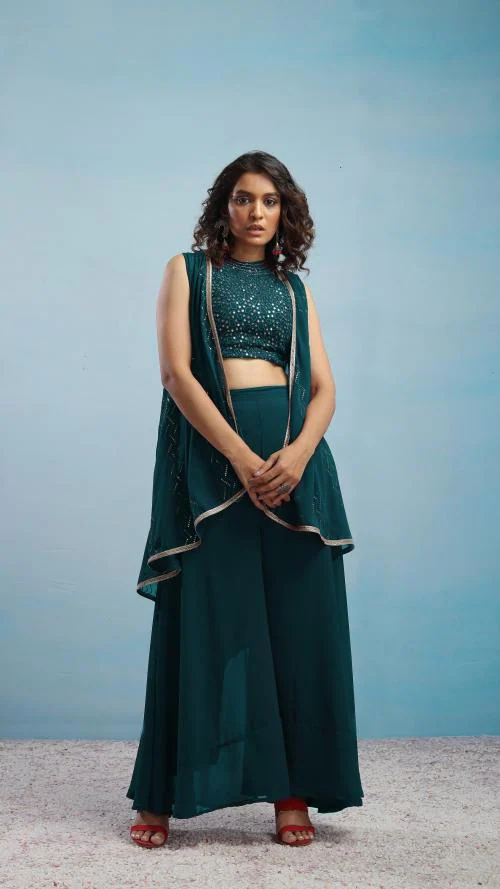 SANCIA Women Georgette Ethnic Top Palazzo Ethnic Jacket Set | Kurta Set For Women | Ethnic Wear Set For Women | Casual Indian Wear (Teal) (L)