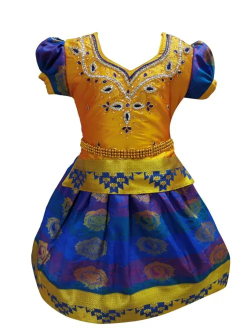 GTmax Traditional Silk Cotton Pattu Pavadai set-Rathi Pattu-Gold- 7-8 Y